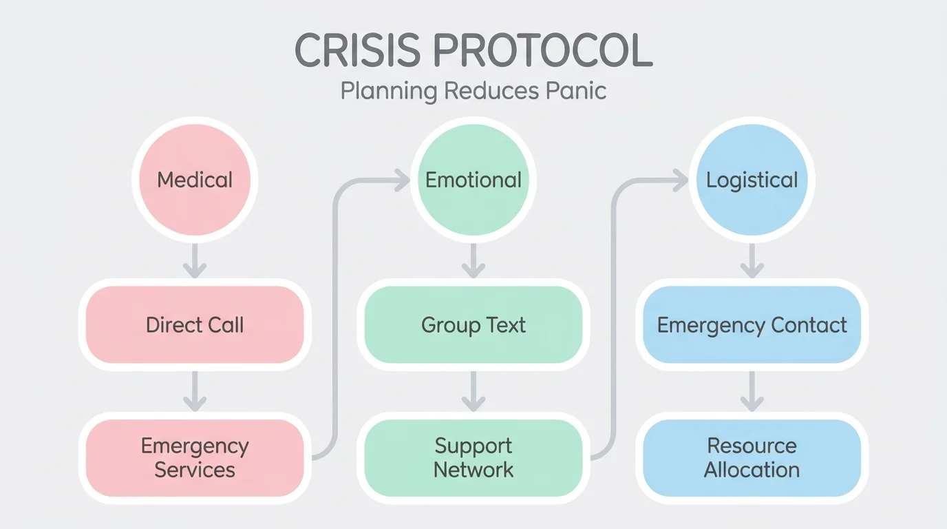 A flowchart titled 'Crisis Protocol' showing different paths for medical, emotional, and logistical emergencies.
