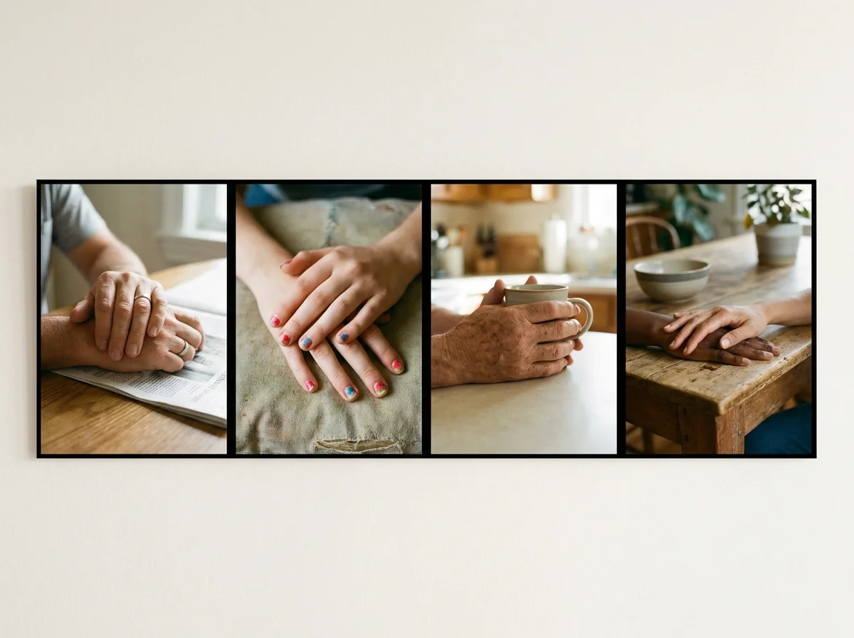 A four-panel photo showing different pairs of hands in various settings, representing diverse relationships.