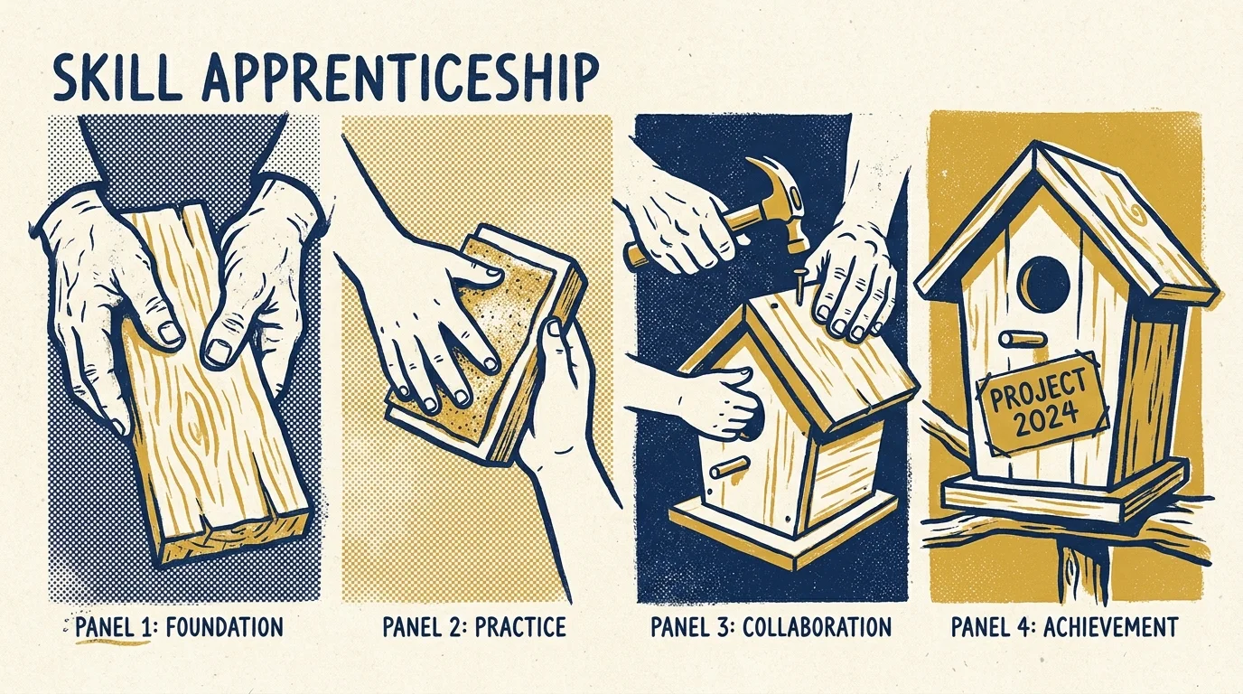 A four-panel screenprint illustration showing a grandparent and child working together to build a birdhouse.