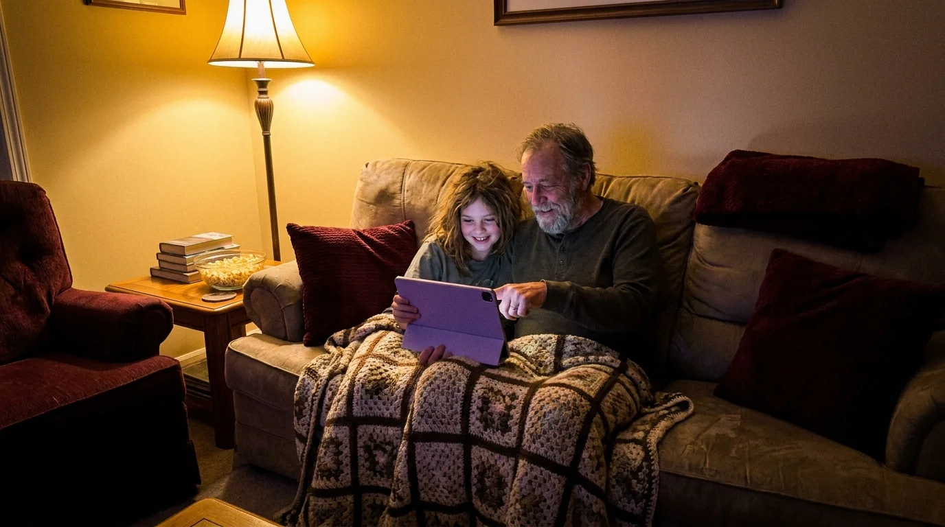 A grandfather and granddaughter laughing together while looking at photos on a tablet in a cozy living room.