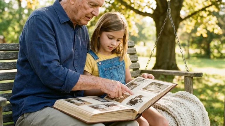 A grandfather and granddaughter looking through an old photo album while sitting on a wooden porch swing in the afternoon sun.