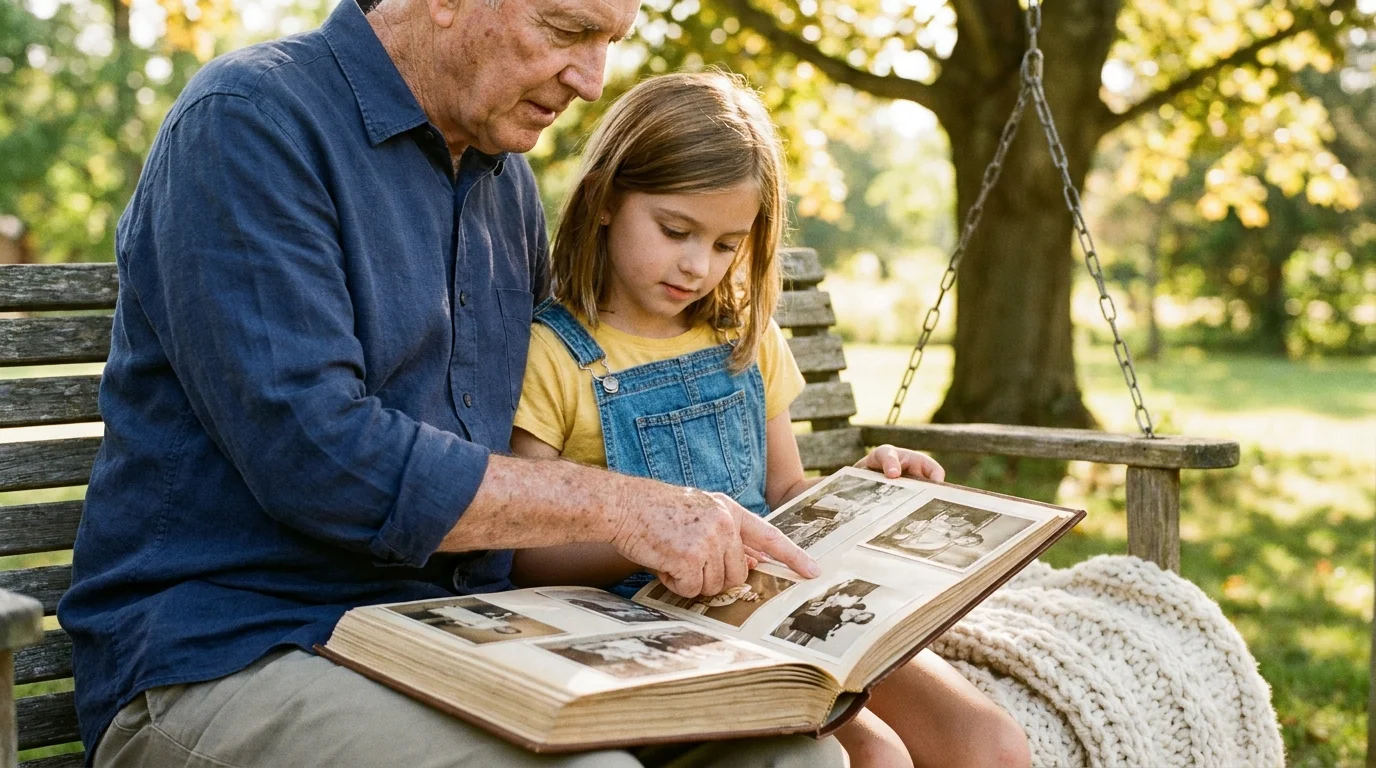A grandfather and granddaughter looking through an old photo album while sitting on a wooden porch swing in the afternoon sun.
