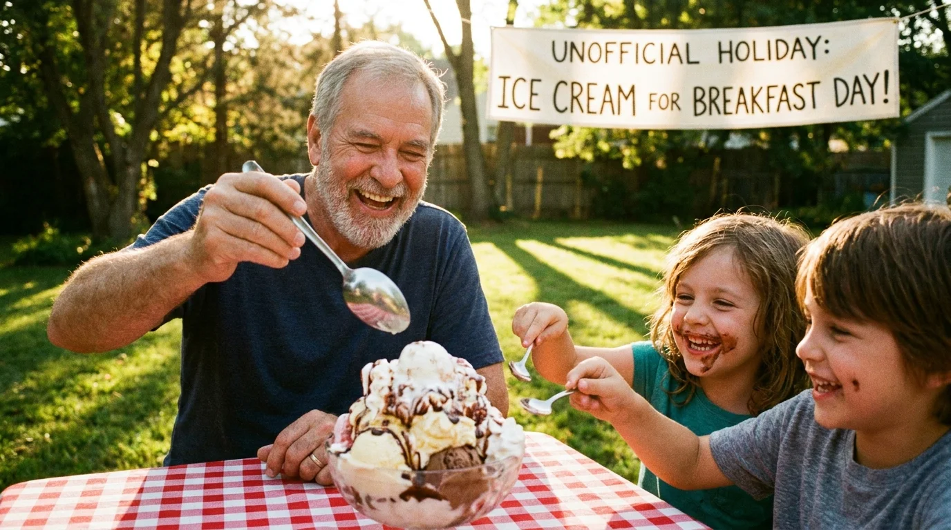 A grandfather and two children laughing while eating a giant ice cream sundae for breakfast at a backyard table.