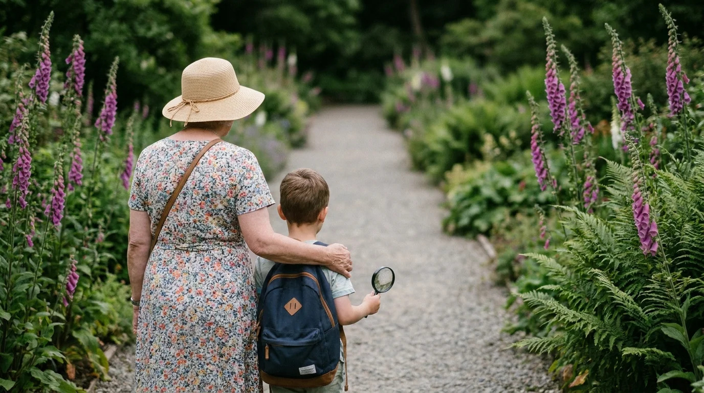 A grandmother and grandson walking together down a flower-lined path in a botanical garden.