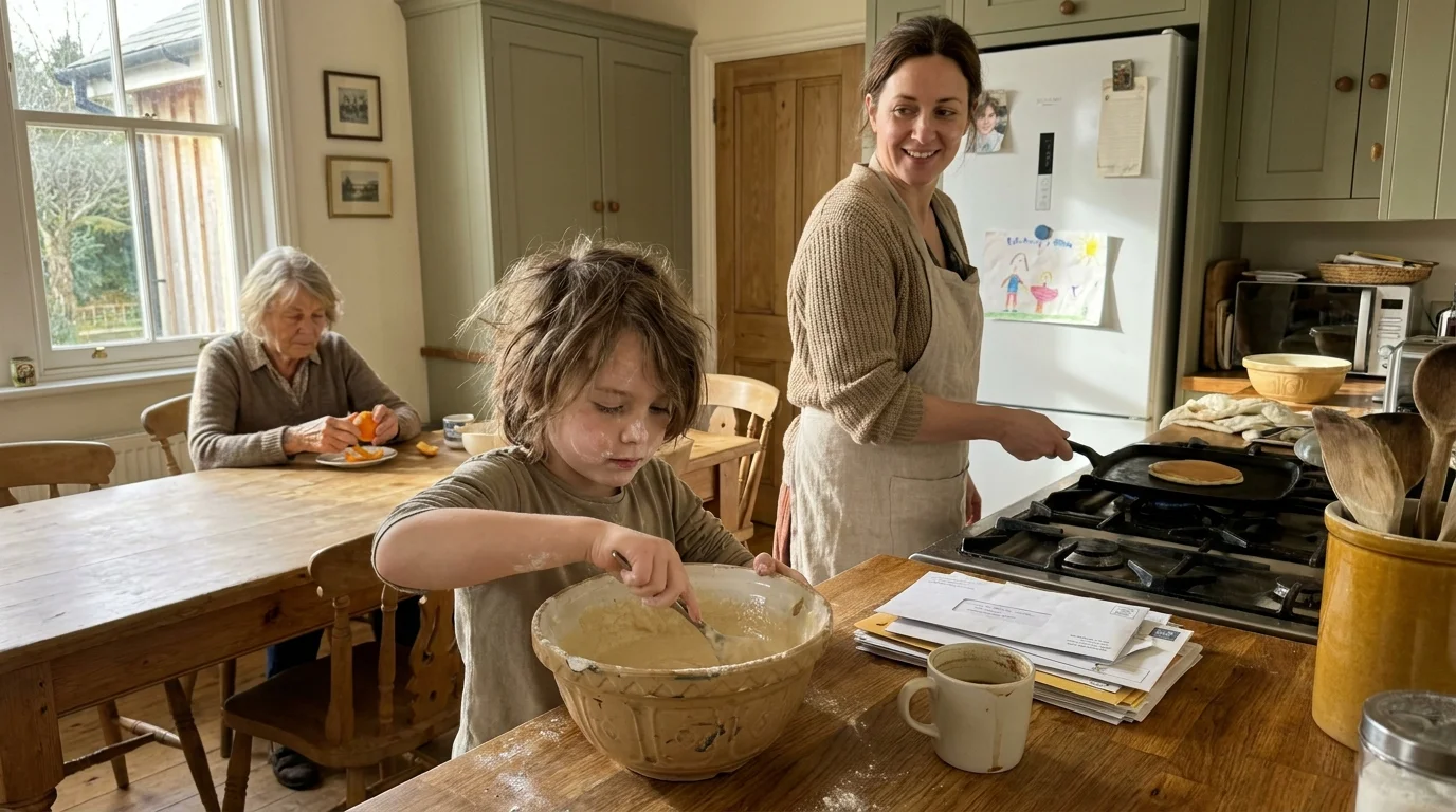 A grandmother, mother, and child preparing breakfast together in a sunlit, authentic kitchen, illustrating a family tradition.