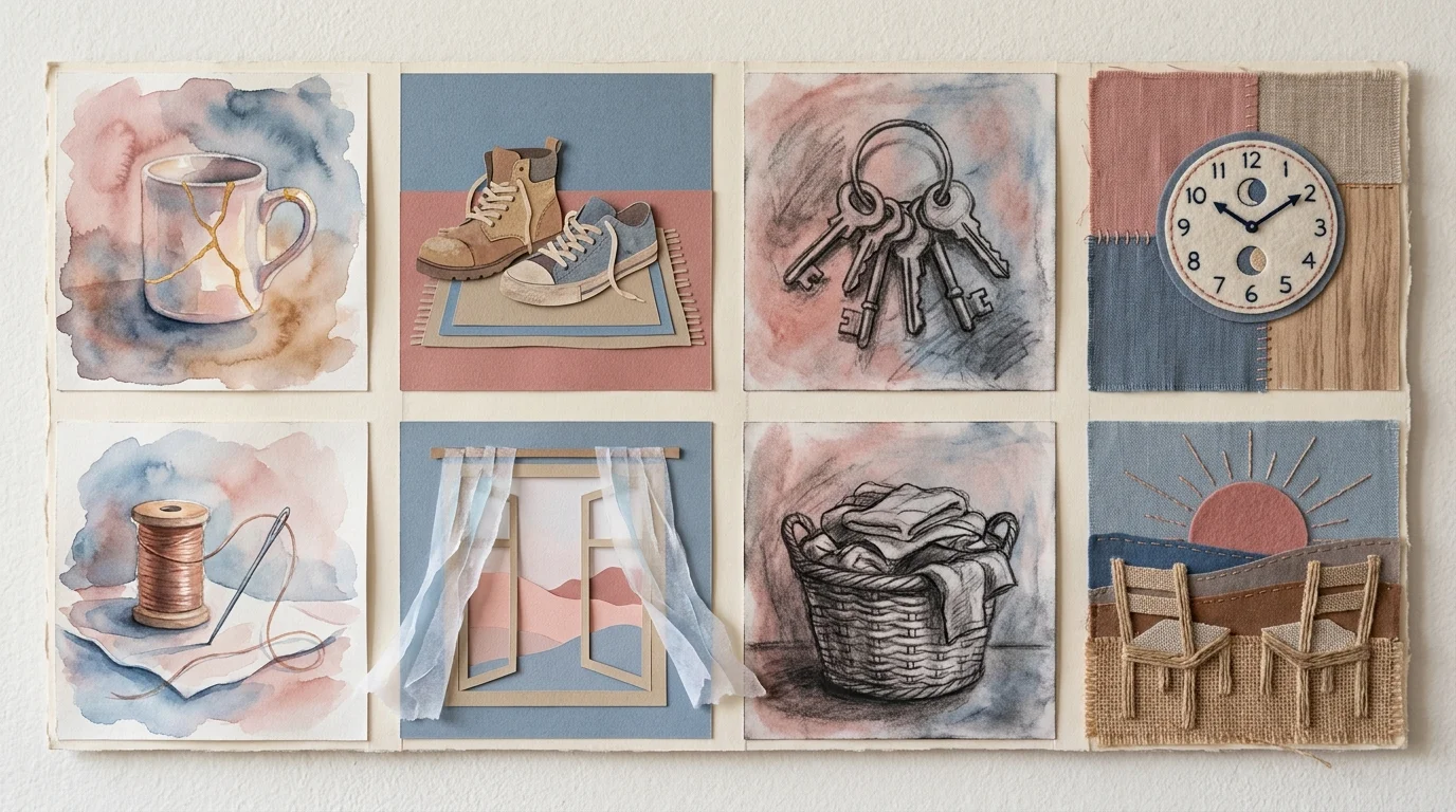 A grid of eight symbolic illustrations representing different signs of family strength, like a mended mug and an open window.