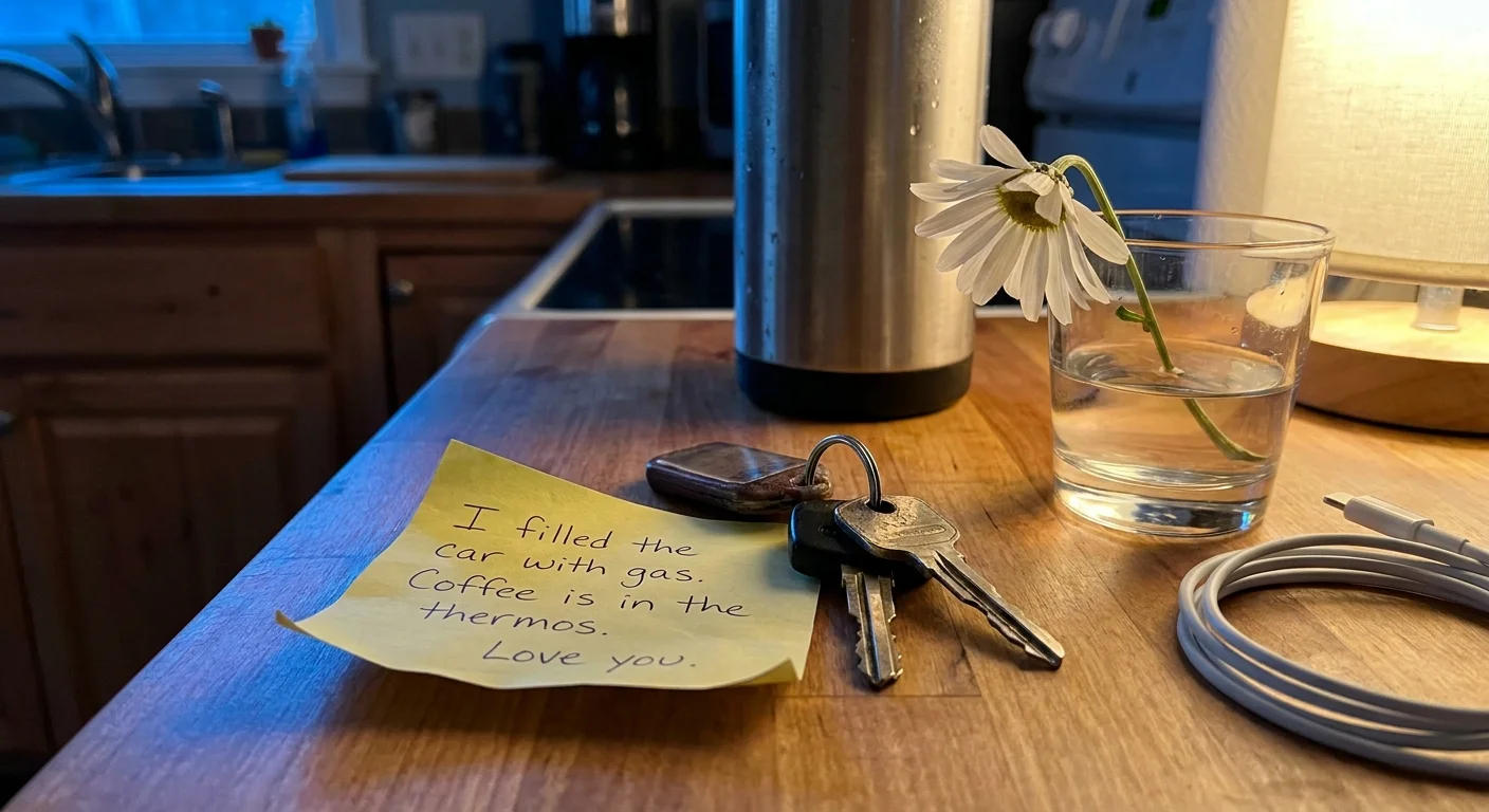 A handwritten note about a full gas tank and coffee next to car keys, showing affection through practical help.