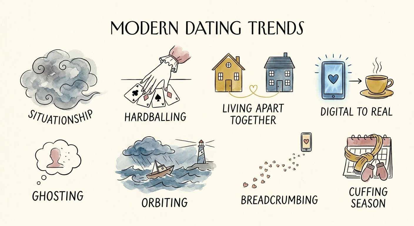 A horizontal sequence of eight watercolor vignettes symbolizing modern dating trends like situationships and hardballing.