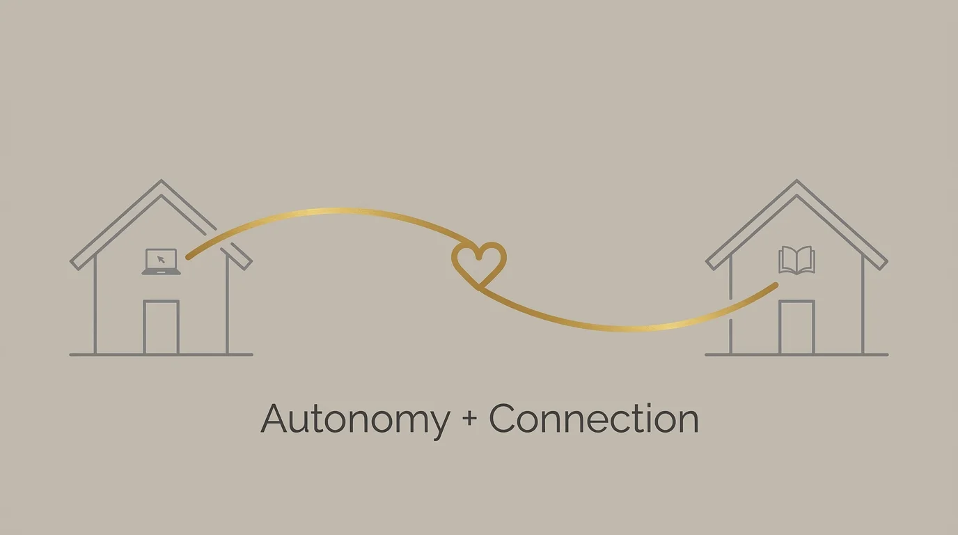 A minimalist diagram of two houses connected by a golden line, symbolizing the 'Living Apart Together' relationship model.