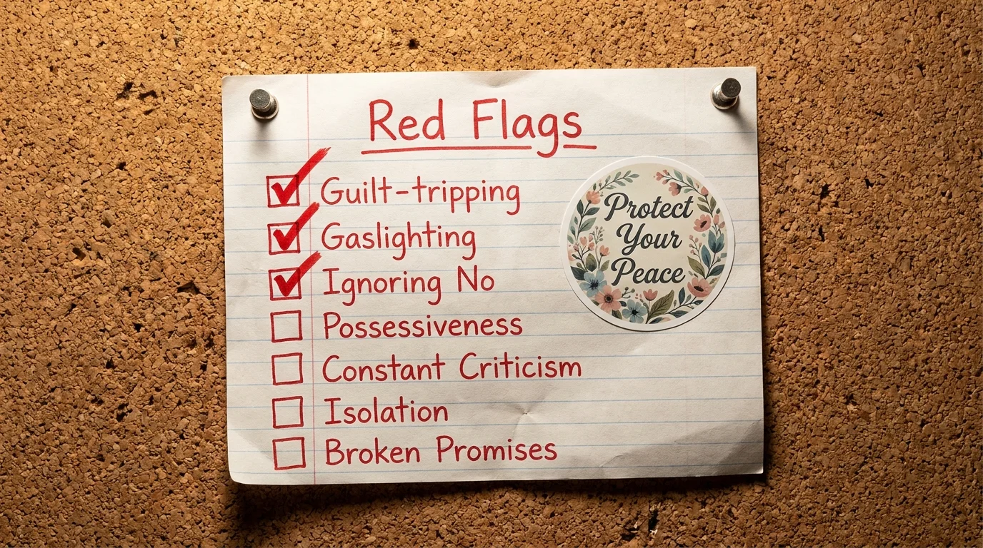 A mixed-media checklist of 'Red Flags' like guilt-tripping and gaslighting on a corkboard, symbolizing self-protection.