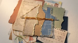 A mixed-media collage of a paper house where the cracks are mended with gold thread, representing family resilience and repair.