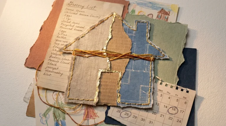 A mixed-media collage of a paper house where the cracks are mended with gold thread, representing family resilience and repair.
