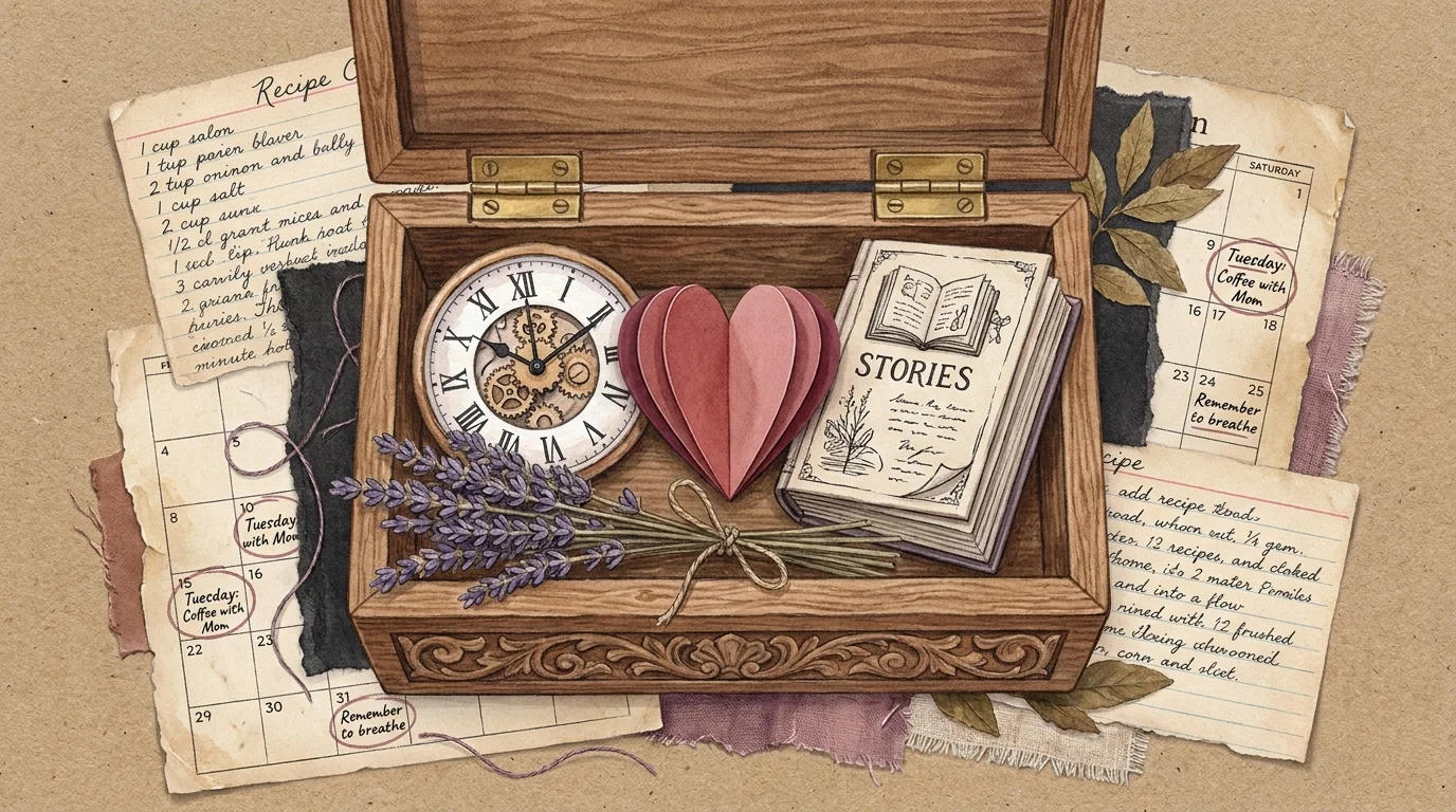 A mixed-media collage of a 'resilience toolkit' containing symbols of time, heart, and stories.