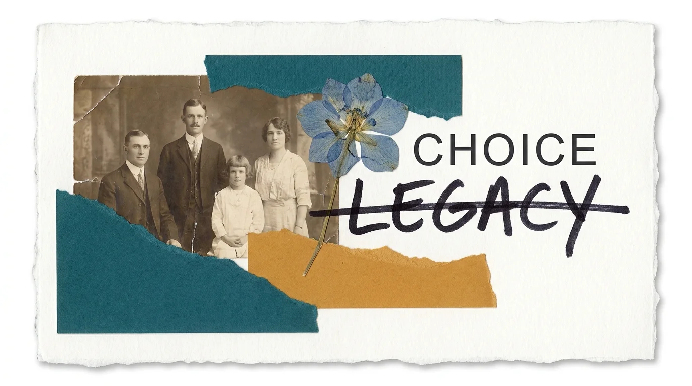 A mixed-media collage showing a vintage family photo layered with modern paper cutouts and the words 'Legacy' and 'Choice'.