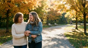 A mother and adult daughter laughing together while walking through a park during autumn golden hour.