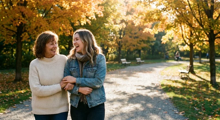 A mother and adult daughter laughing together while walking through a park during autumn golden hour.