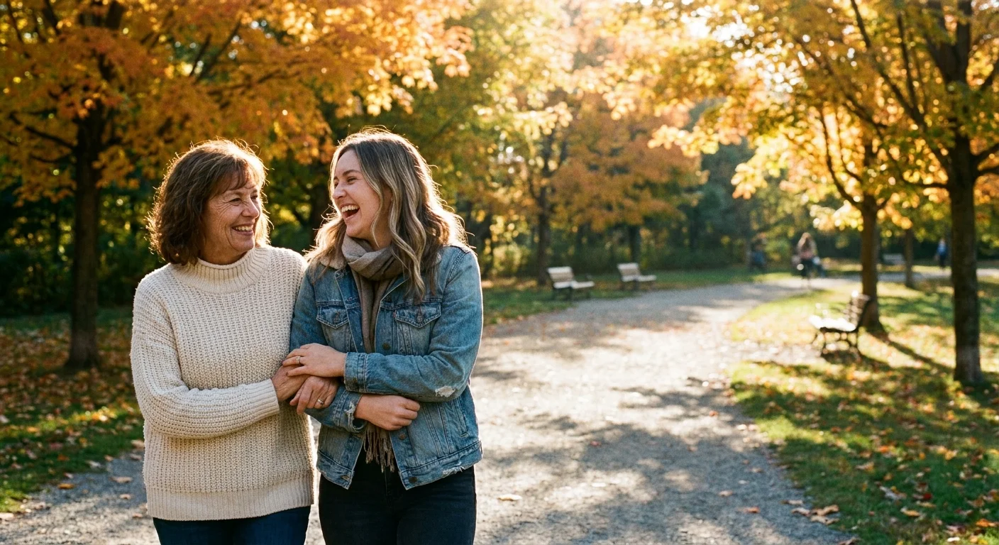 A mother and adult daughter laughing together while walking through a park during autumn golden hour.