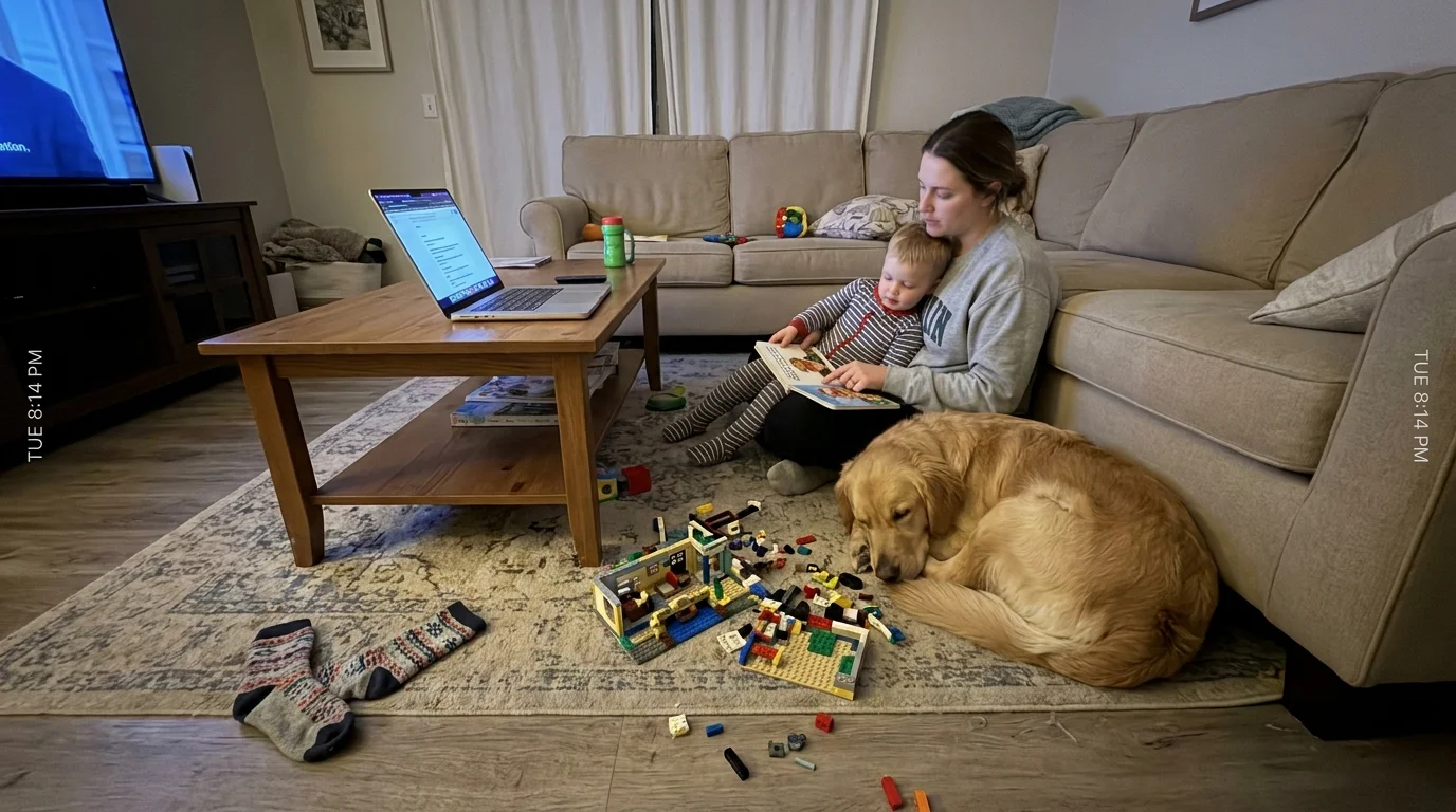 A mother and child sitting on a messy living room floor among toys and everyday clutter, focused on a book.