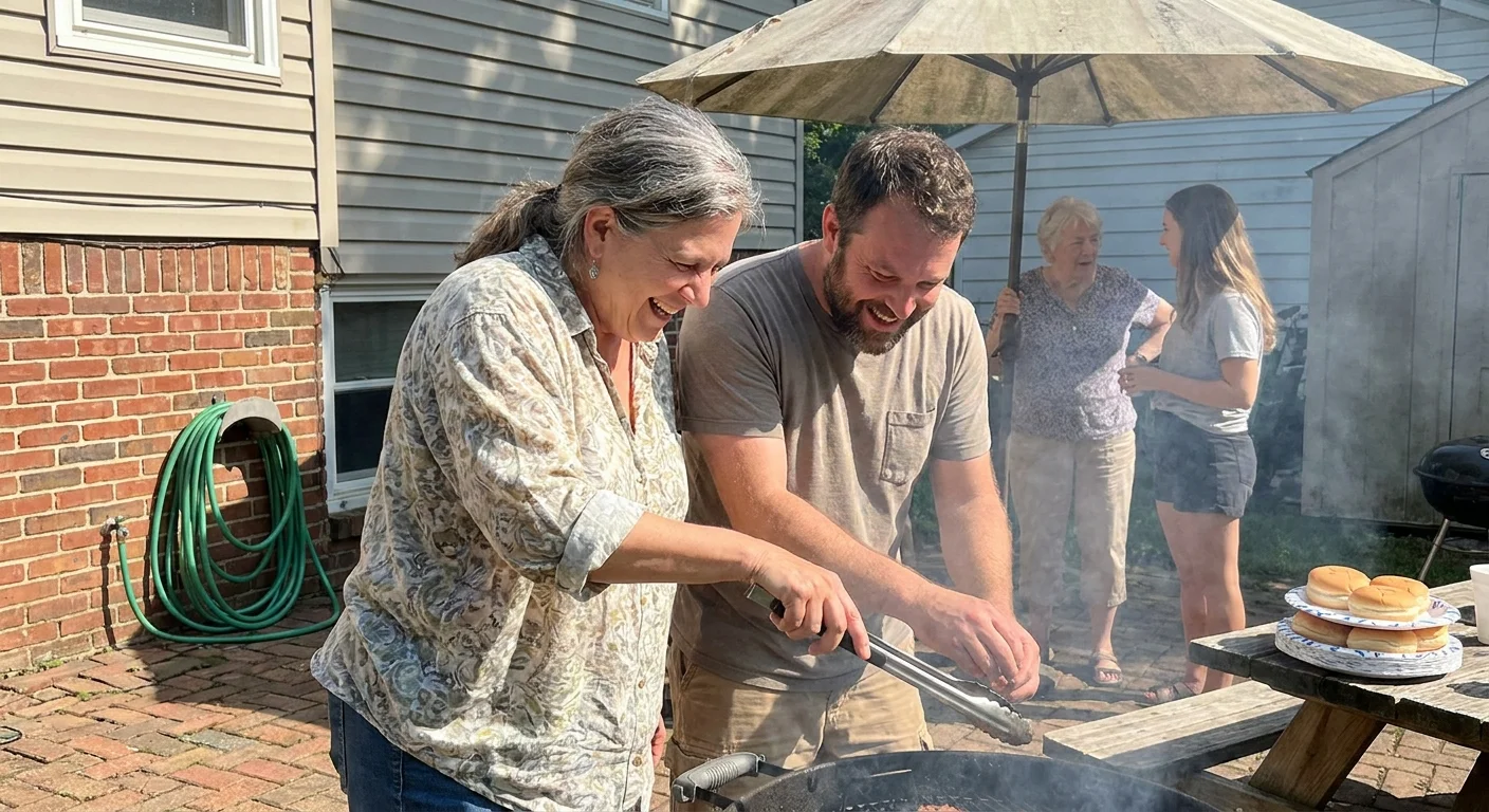 A mother and her daughter's partner laughing together at a family backyard barbecue.
