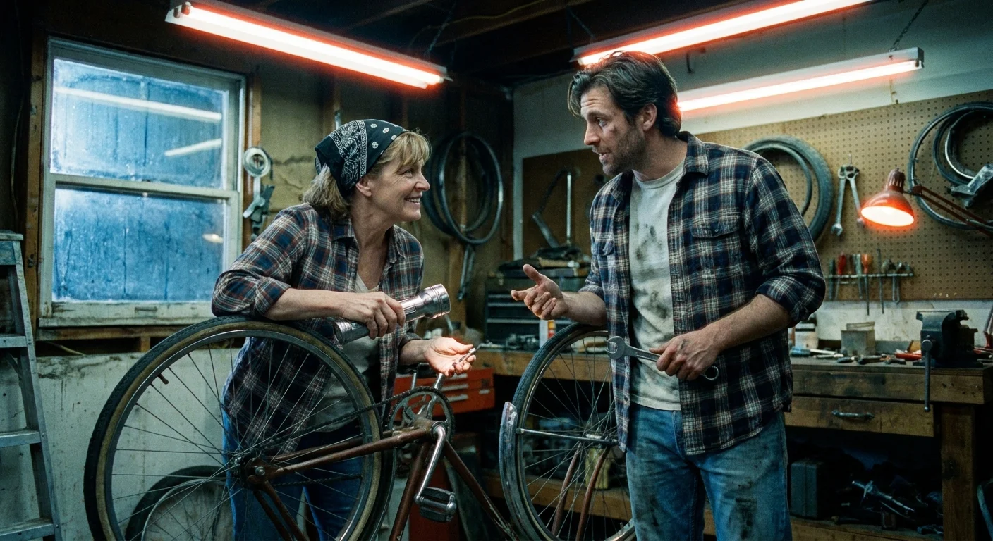 A mother and son working together to fix a bicycle in a garage, showing a shared interest.