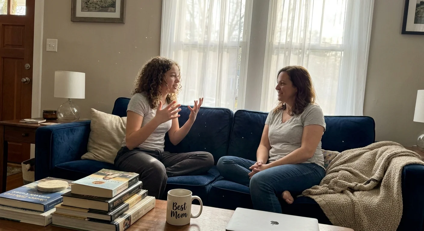 A mother and teenage daughter having an engaged, candid conversation on a sofa in a sunlit, cozy living room.