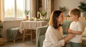 A mother kneeling at eye-level to talk with her young child in a sunlit home, symbolizing a shift toward respectful parenting.