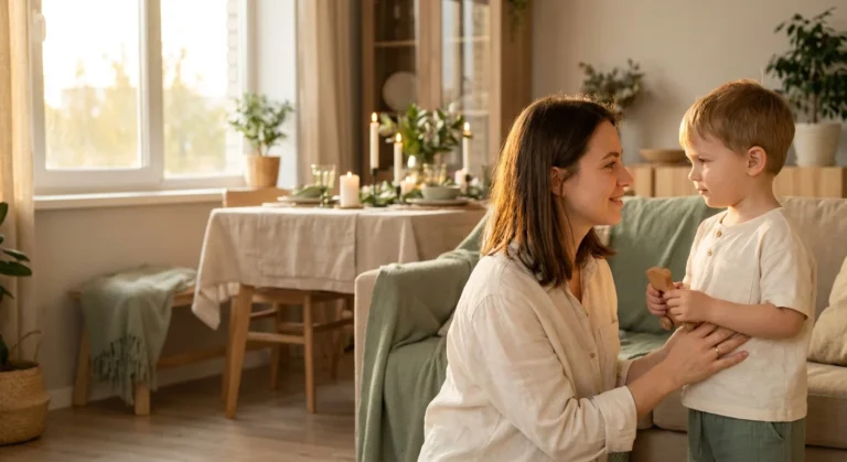 A mother kneeling at eye-level to talk with her young child in a sunlit home, symbolizing a shift toward respectful parenting.