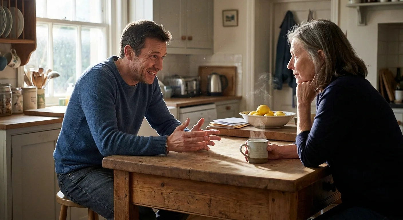 A mother listening intently to her adult son in a kitchen without interrupting or offering advice.