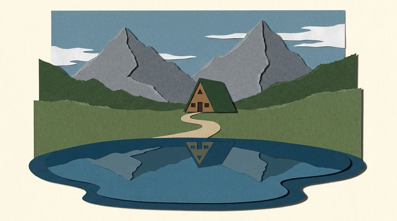 A paper collage illustration of a cozy cabin in the mountains, representing a micro-sabbatical retreat.
