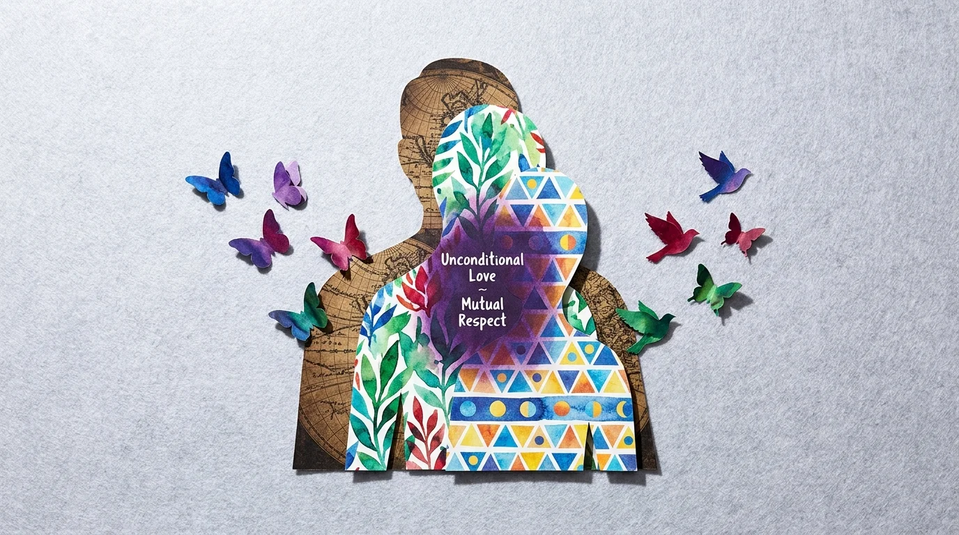 A paper-cut collage of overlapping silhouettes with different patterns, symbolizing family members growing in their own ways.