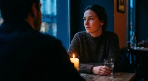 A pensive woman sits across from her partner's silhouette at a candlelit dinner, looking emotionally detached and thoughtful.