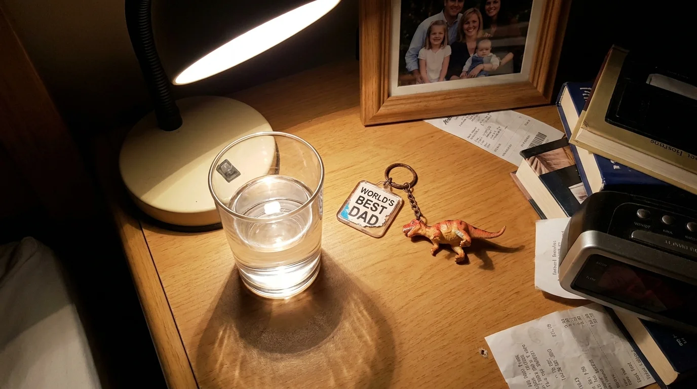 A photo of a small plastic dinosaur souvenir sitting on a bedside table next to a lamp and a glass of water.