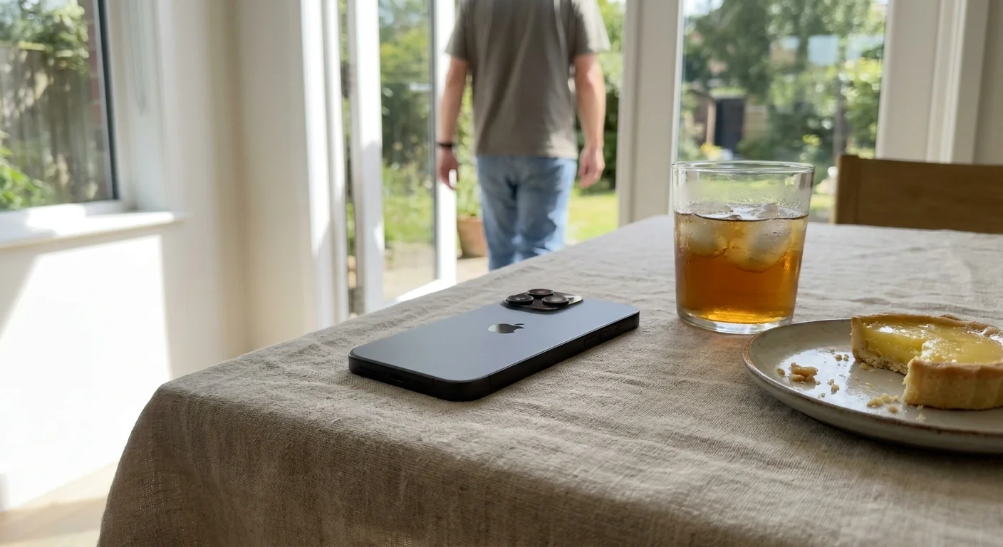 A photo of a smartphone face-down on a table next to a glass of tea, symbolizing digital boundaries.