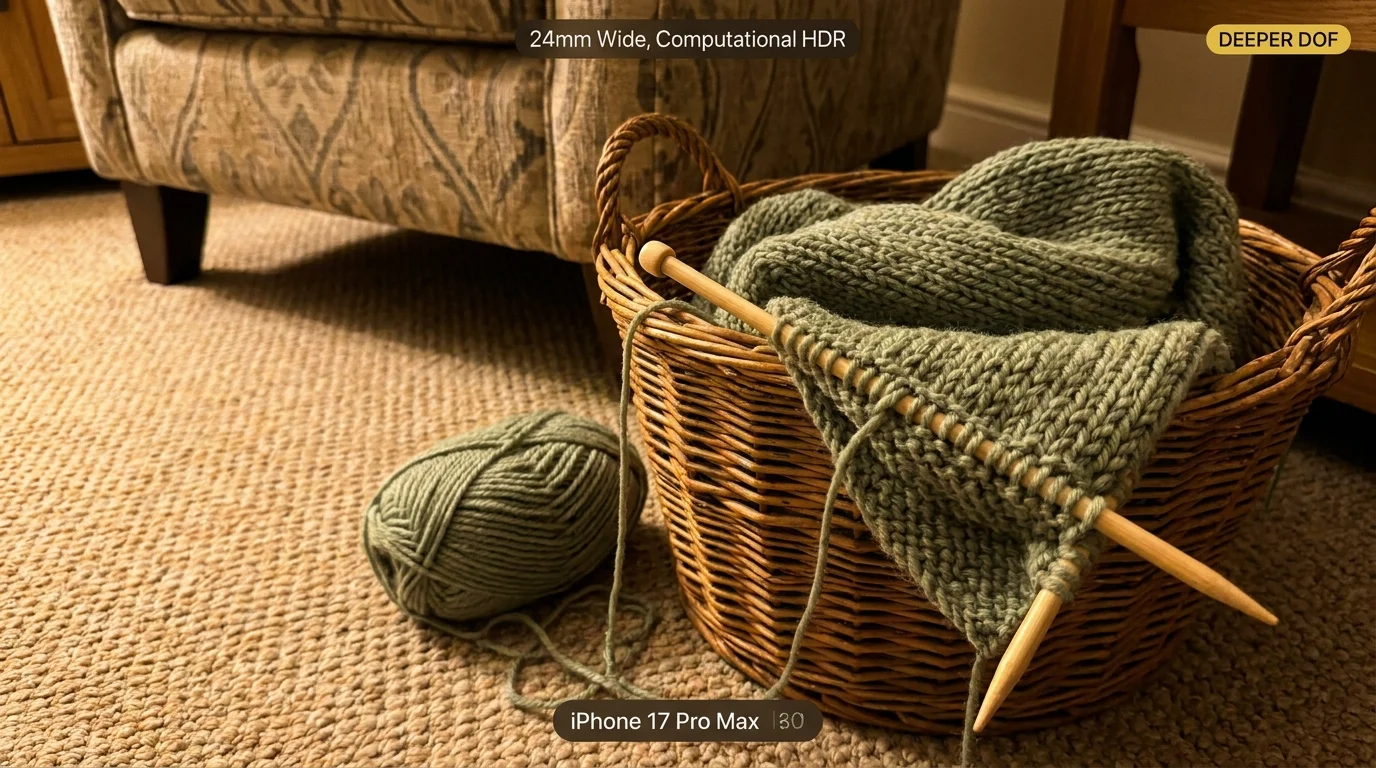 A photo of an unfinished knitting project in a basket next to a chair, with the needles still in the green yarn.