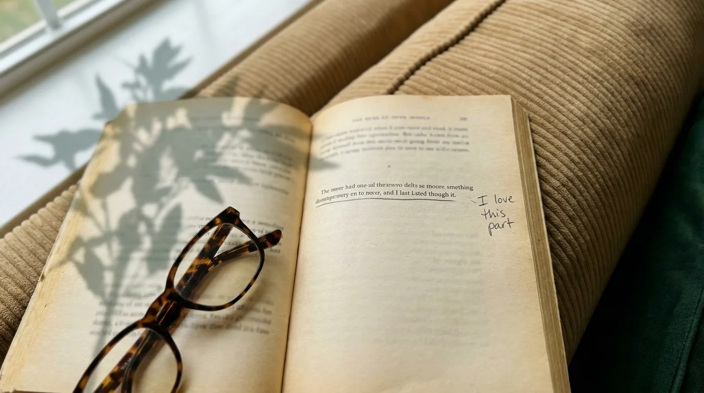 A photograph of an open book where a handwritten note in the margin says 'I love this part' next to an underlined sentence.
