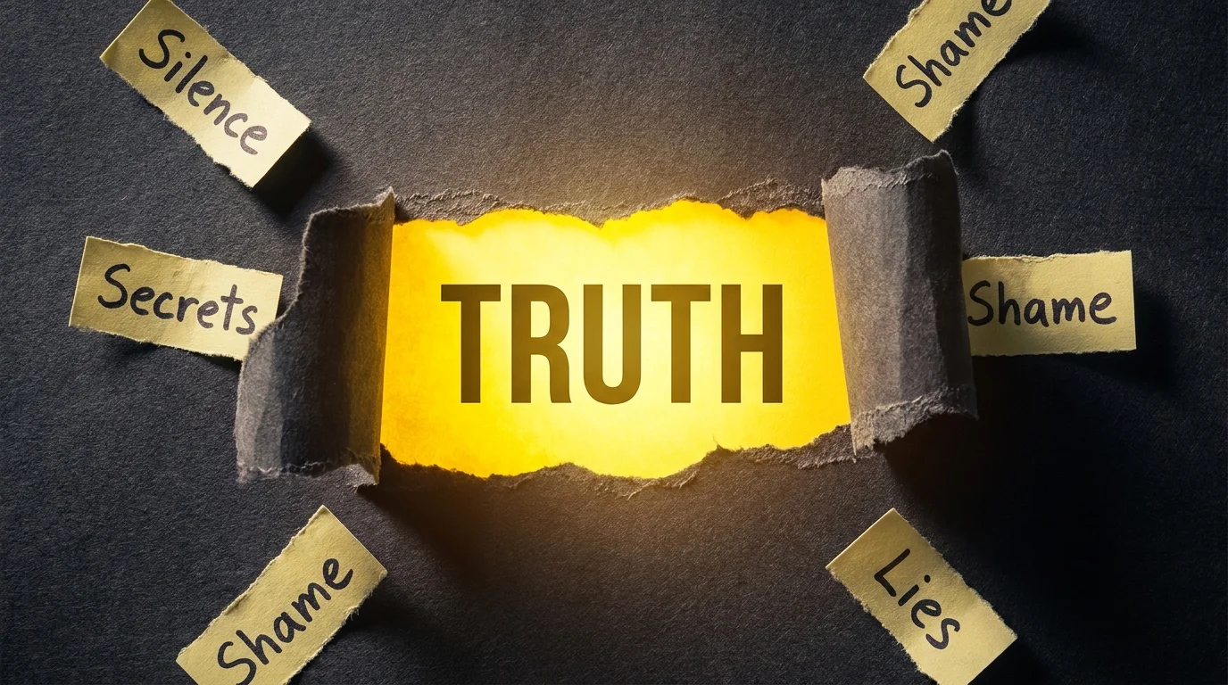 A piece of dark paper torn open to reveal the word 'TRUTH' and light underneath, symbolizing the end of family secrets.