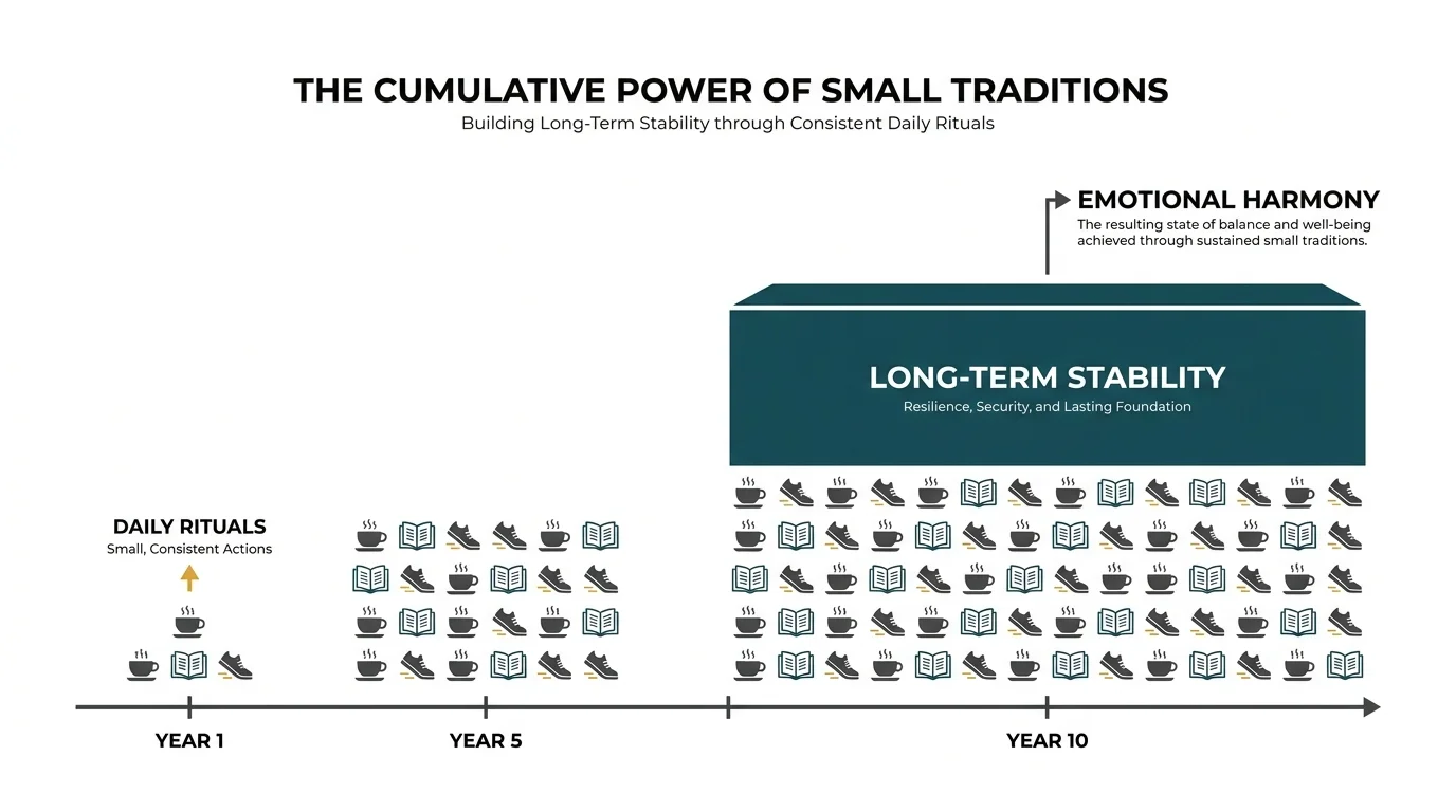 A professional diagram showing how small daily rituals accumulate over ten years to create long-term family stability.