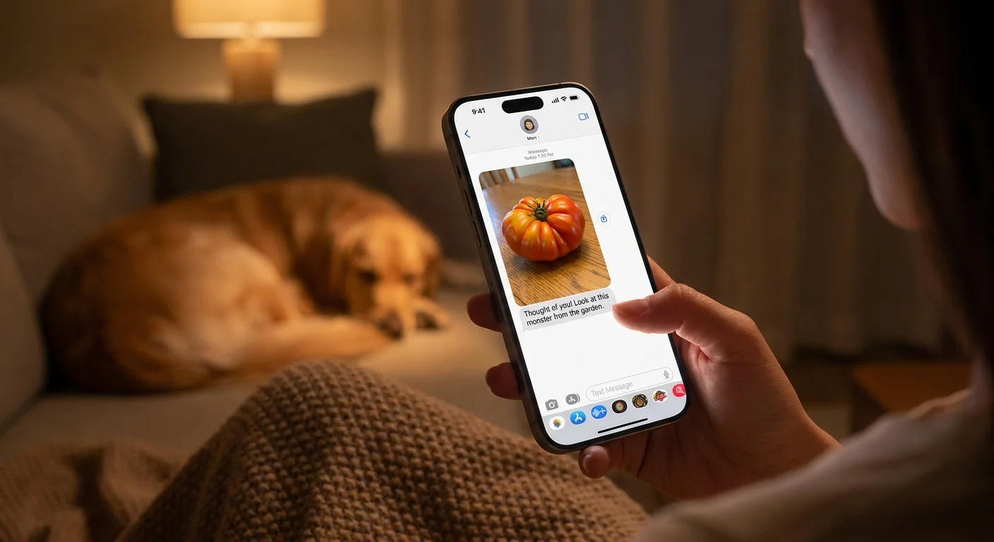 A smartphone screen showing a casual, funny text message about a tomato, sent from a parent to a child.