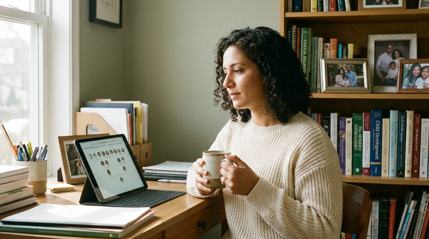 A thoughtful woman in a home office looking at family history on a tablet, surrounded by books and photos.