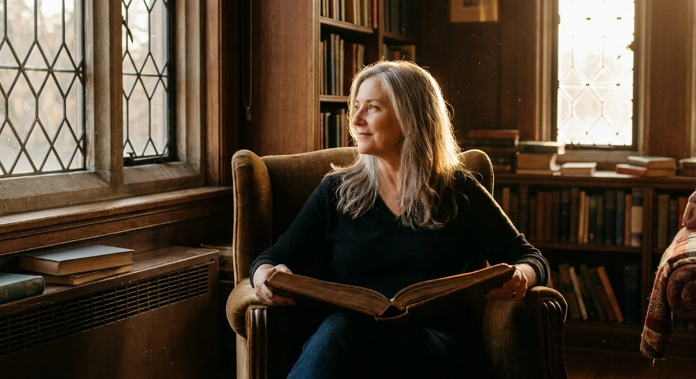A thoughtful woman in her 50s holding a photo album, looking out a window in a sunlit room.