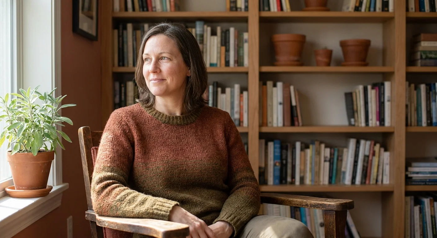 A thoughtful woman sitting in a home office with books in the background, representing an expert perspective on family dynamics.