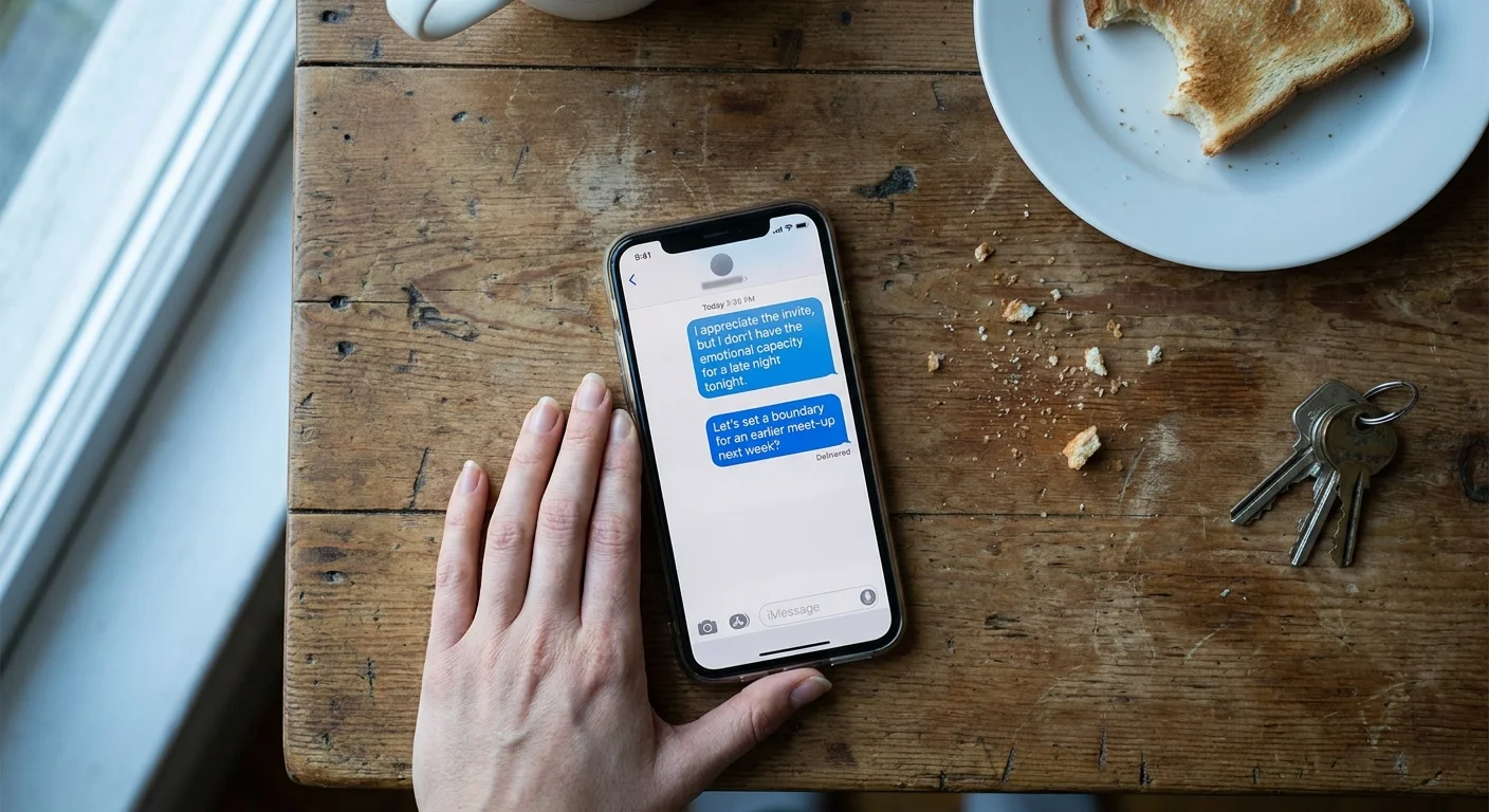 A top-down photo of a phone screen showing a text message about 'emotional capacity' and 'boundaries' on a wooden table.