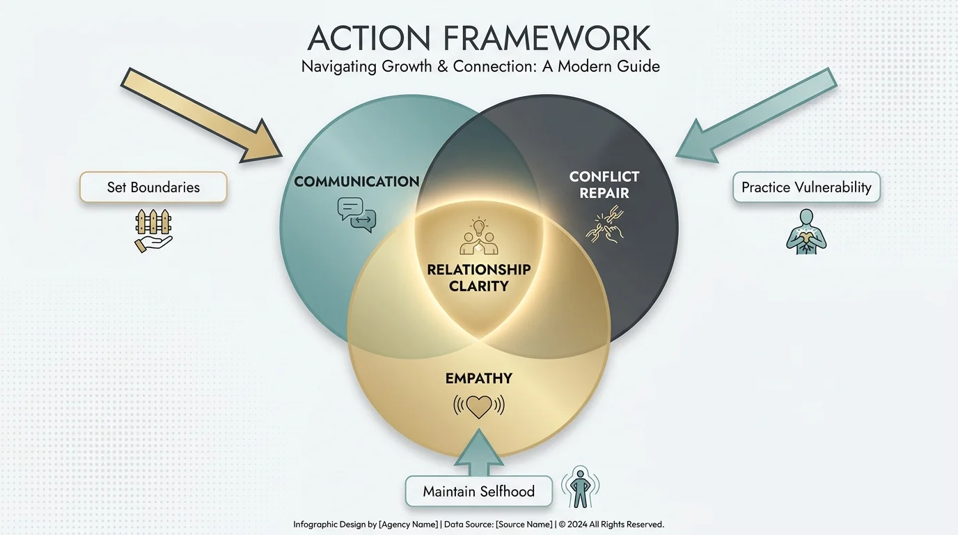 A Venn diagram showing the intersection of Communication, Conflict Repair, and Empathy as 'Relationship Clarity'.