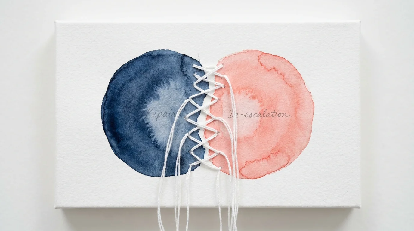 A watercolor and thread art piece showing two shapes stitched back together after being torn apart.