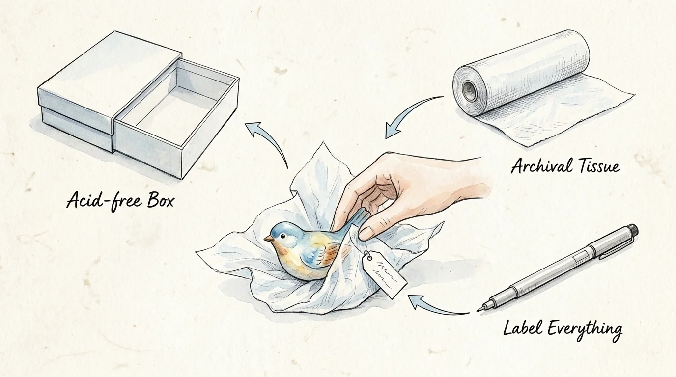 A watercolor diagram showing a hand wrapping a keepsake in tissue paper next to a storage box and archival pen.