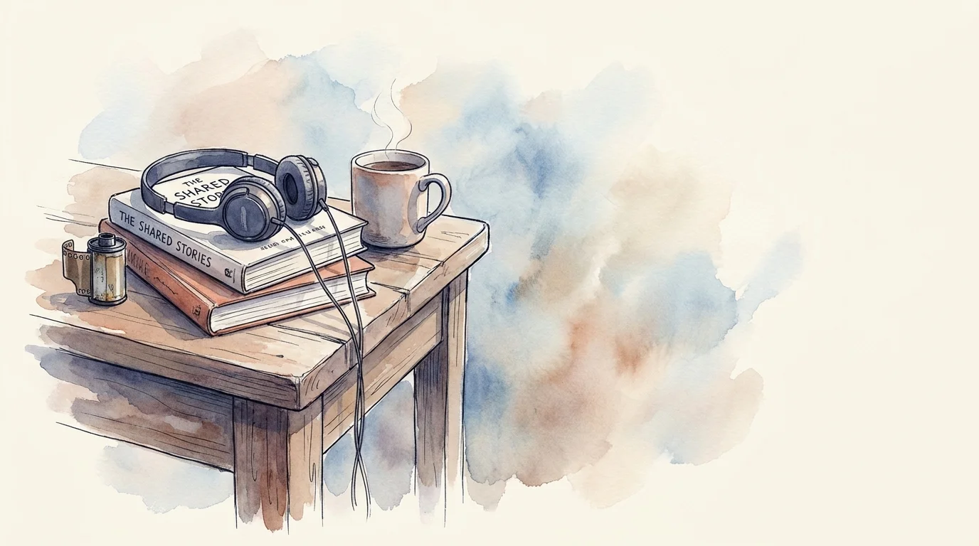 A watercolor illustration of a book, headphones, and a film canister on a table.