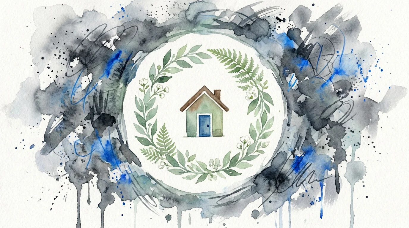 A watercolor illustration of a house inside a peaceful green wreath, protected from a chaotic grey background.