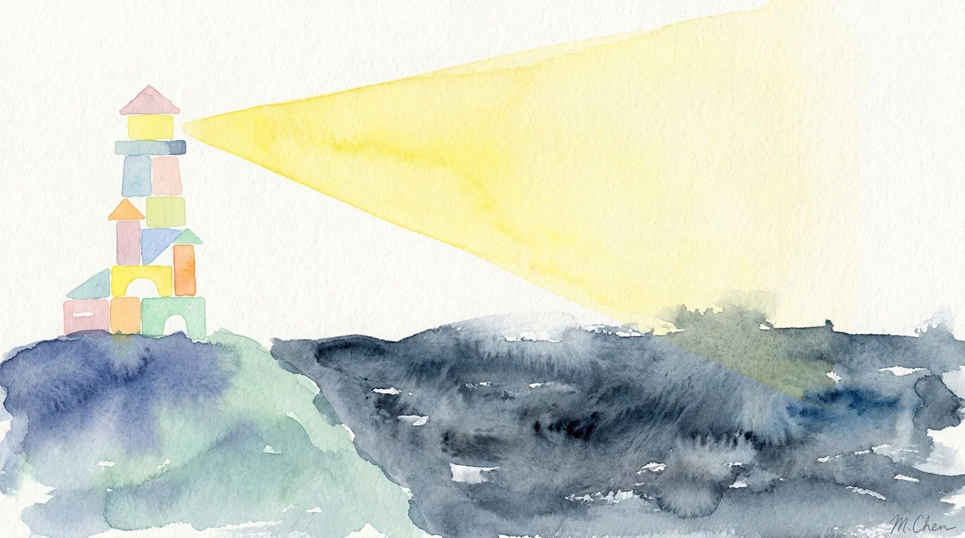 A watercolor illustration of a lighthouse made of colorful blocks casting a warm glow over a dark sea, symbolizing family stability.