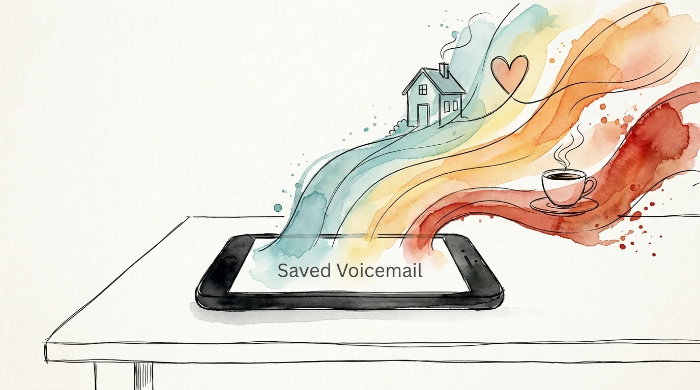 A watercolor illustration of a phone with colorful sound waves rising from the screen, labeled 'Saved Voicemail'.