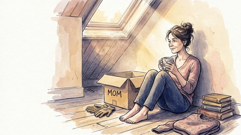 A watercolor illustration of a woman sitting on an attic floor, holding a chipped mug while surrounded by boxes of family mementos.